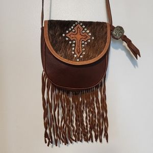 Montana Sliversmiths Leather Cross Hair Fringe Sholder Bag Purse Unique